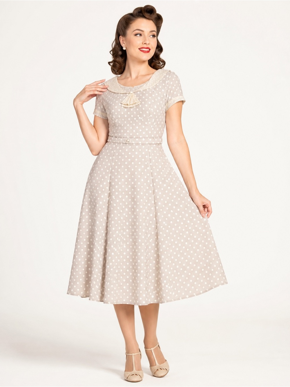 Stop Staring Beige Polka Dot Tie-Neck Midi Dress